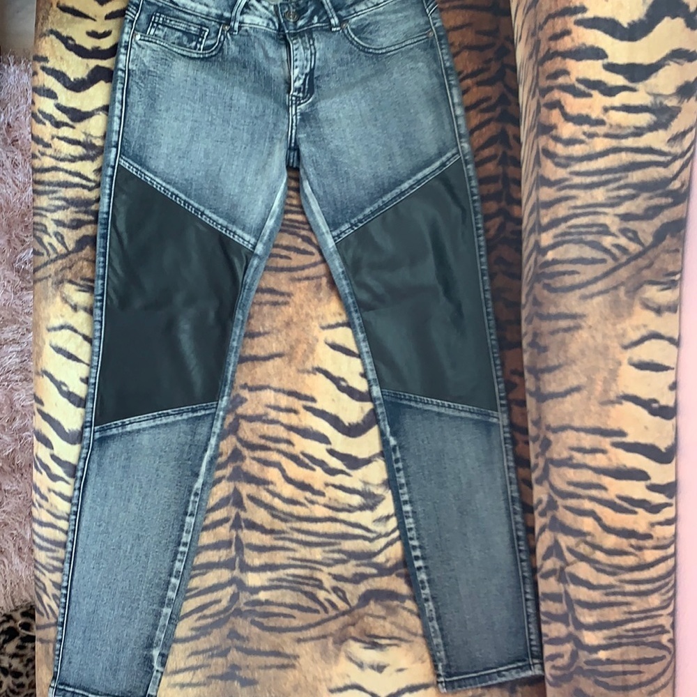 G by Guess distressed denim/faux leather jeans